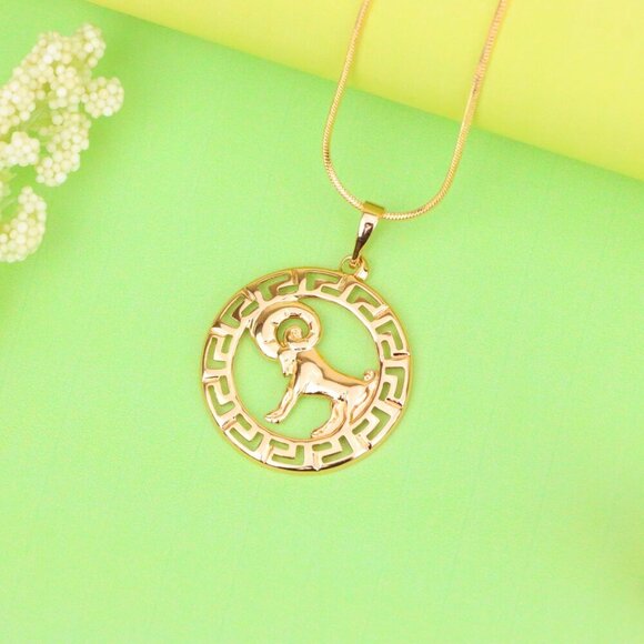 "Zodiac Ram Rose Gold Round Pendant in Geometric Border Design, XPPT1328 - Picture 7 of 13